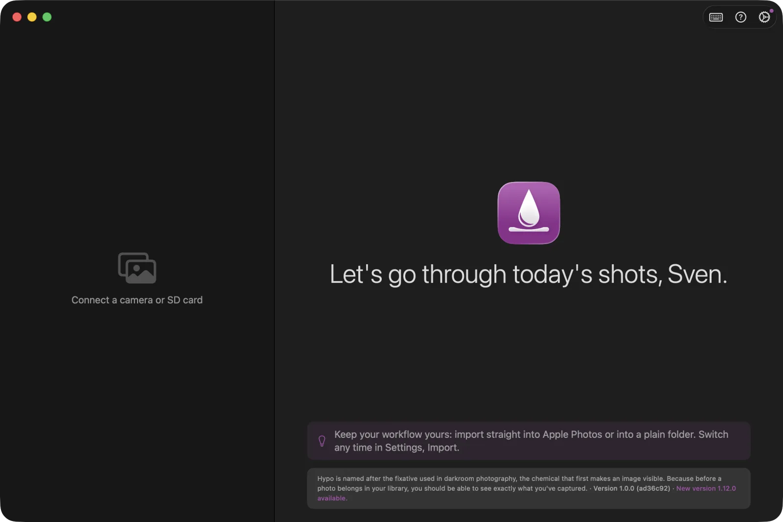 The welcome screen shown before a card or camera is connected